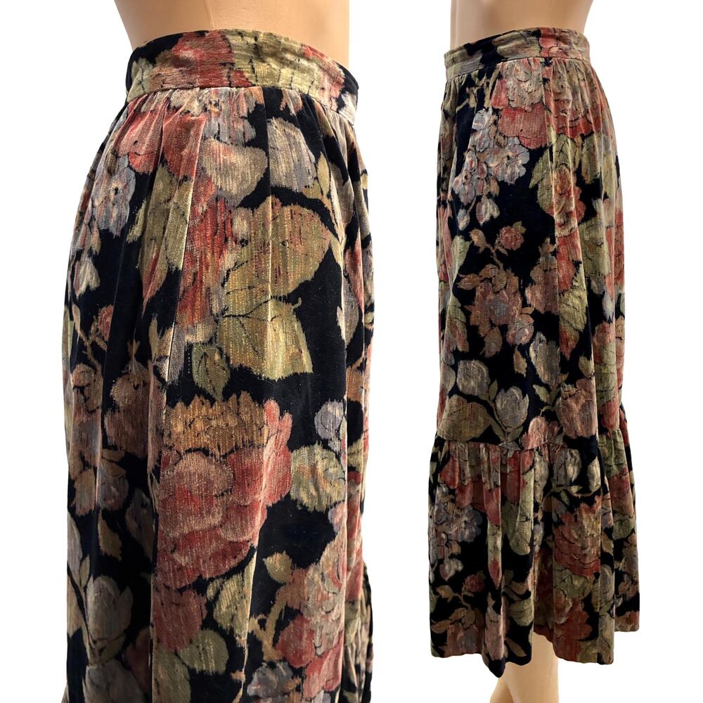70s Strawberry Plant Velvet Floral Skirt Dorothy Schoelen Midi Ruffle Hem XS - Picture 8 of 8